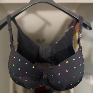 Colorful Heart Patterned Black Bra